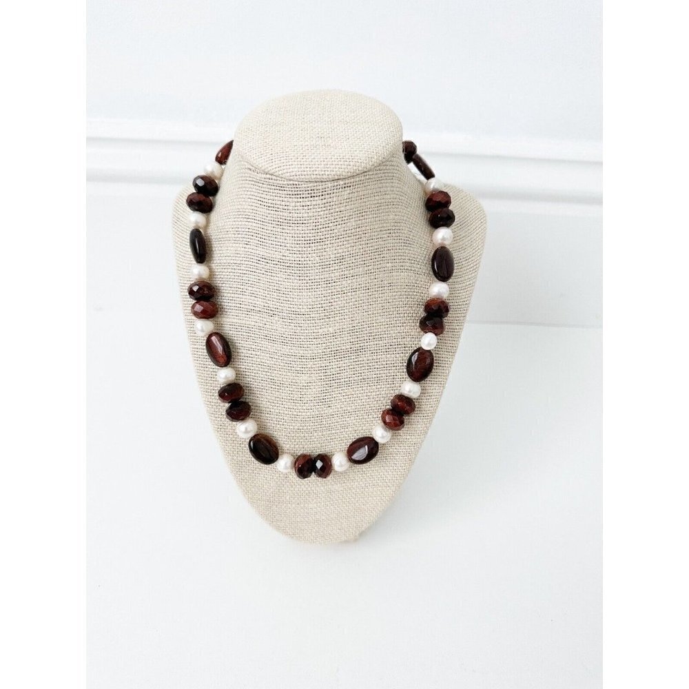 NWT Genuine Tiger's Eye & Pearls Necklace Brown White Beaded